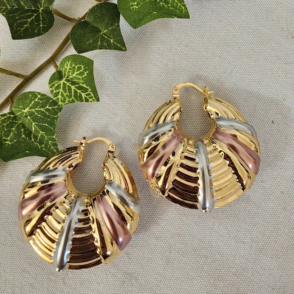 Gold Chunky Hoop Earrings Tricolor Accent